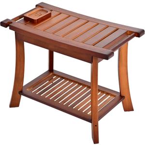 Teak Shower Chair Stool, 24 Inch Shower Bench Seat, Wooden Bathroom Bench with Storage Shelf for Adults, Elderly, Disabled Indoor & Outdoor Use