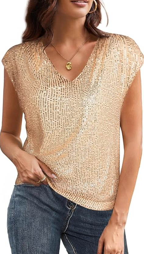 GRACE KARIN V Neck Sequin Short Sleeve Tops for Women Elastic Sparkly Tank Top for Party (XX-Large, Black)