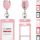 Badge Holder and Retractable Reel, ID Badge Holders with Retractable Clip for Office Factory Teacher Student Women Men (Pink, Double Sided) (Vertical 1 Pack with Reel)
