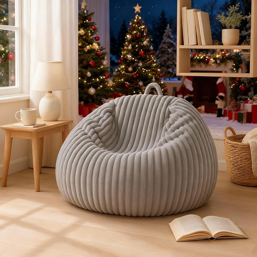 Honeydak Ribbed Rabbit Fur Stuffed Animal Storage Bean Bag Chair Cover (No Filler) Comfy Bean Bag Cover Without Filling or Home Bedroom Decor Organizing Plush Doll Textile Holder(Light Gray, M)