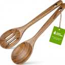 AIUHI 2Pcs Wooden Cooking Spoons for Cooking, No Scratch Wooden Spoons Set of Slotted Spoon & Serving Spoon, Natural Teak Wood Utensils Set for Cooking, Serving & Mixing
