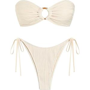 ZAFUL Women's Bandeau Bikini Strapless O Ring Lace Tie Back High Cut Two Piece Swimsuit Bathing Suits (2-beige S)