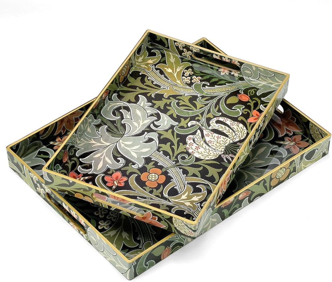 2 Pcs Serving Trays with Handles, Plastic Tray for Ottoman Coffee Table William Morris Decorative Large Rectangular Tray for Serving Living Room Home Tea Coffee Table Decor(Green,Gold Lily)