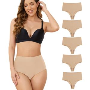 High Waisted Thong Underwear for Women Seamless High Rise Invisible Panties 5 Pack(S-XXL) (Beige, L)
