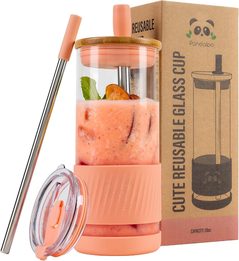 Pandaloo Glass Cups With Lids and Straws -20 Fl Oz- Perfect Size Iced Coffee Cup - Smoothie Cup With Bamboo Lid and On the go Lid (Peach Fuzz, 1 Count (Pack of 1)