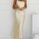 2026 Satin One Shoulder Maxi Dress for Women Summer Silk Formal Elegant Backless Ruffle Sleeveless Wedding Guest Dresses (Yellow, M)