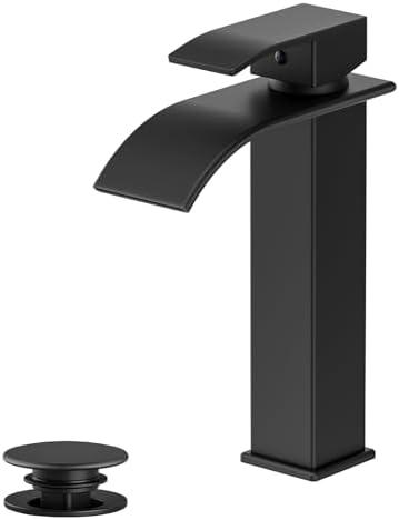 Rywuanku Matte Black Bathroom Faucet Waterfall Spout, Single Handle Sink Faucet with Pop-up Drain & Deck Plate, Modern 1 Hole Vanity Faucet for Vessel Sink
