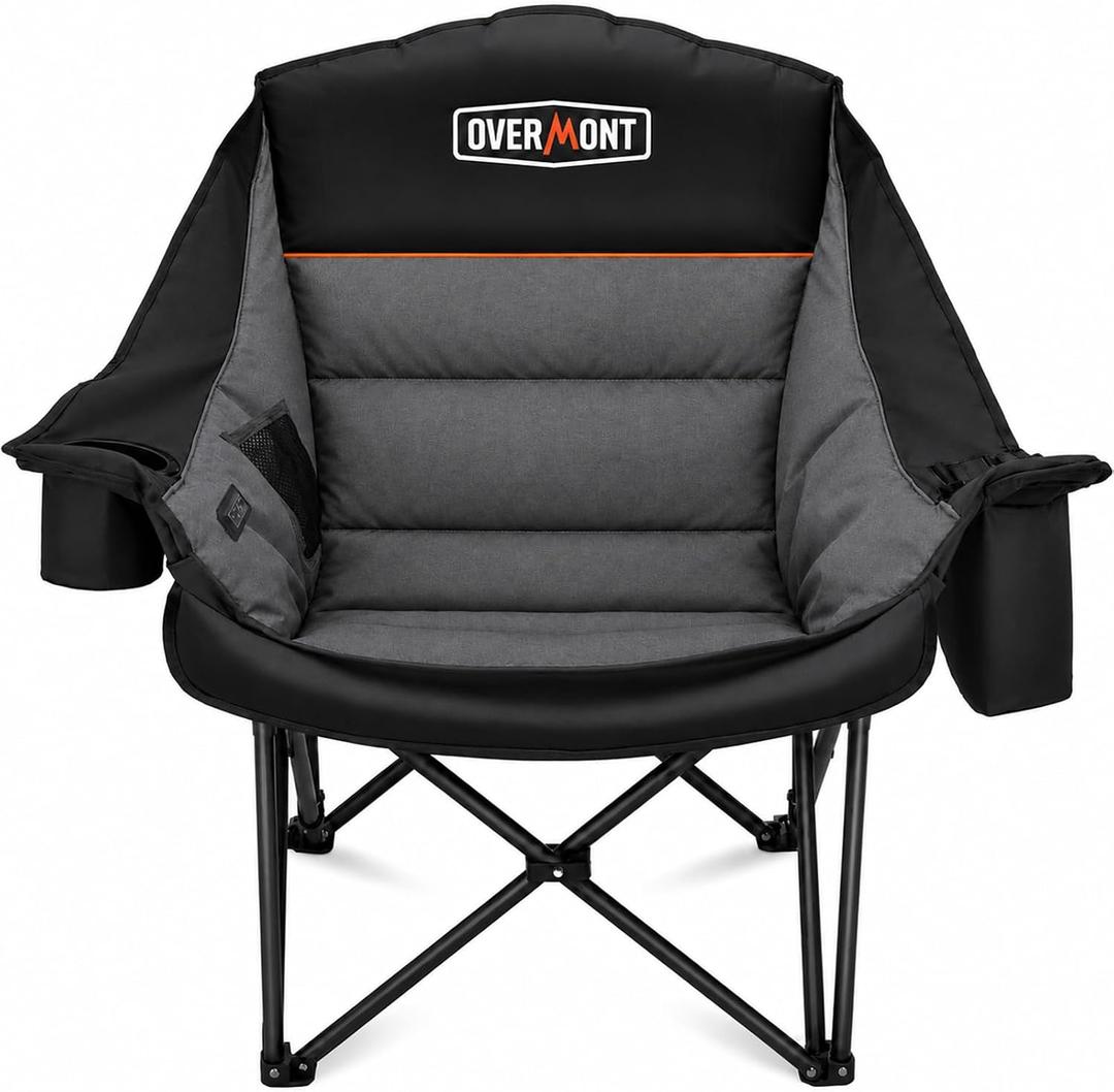 Overmont Oversized Camping Chair for Adults - 400lbs Support Heavy Duty Padded Folding Chair with Cooling Bag Cup Holder Side Pocket Carry Bag - Comfortable Portable for Outdoor Garden Sports Beach