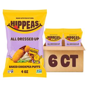 Hippeas Chickpea Puffs, All Dressed Up, 6 x 4 oz Bags, Baked Crunchy Chickpea Snacks with 4g Plant Protein, 3g Fiber & 50% Less Fat, Dairy & Gluten Free, Non-GMO, Top 9 Allergen Free (EXP 08/09/26)