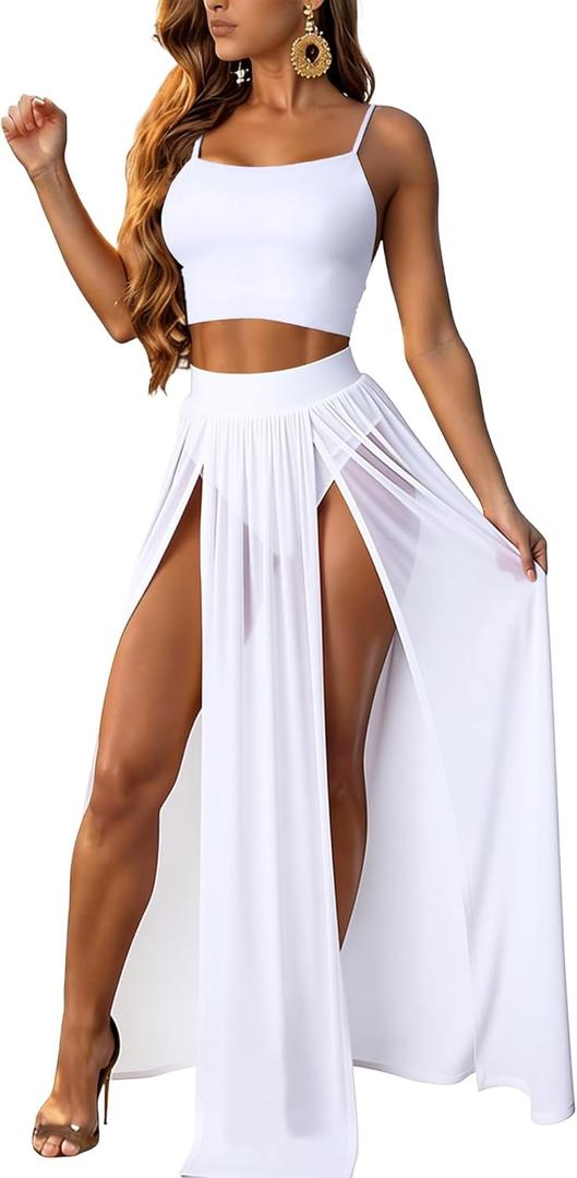 2 Piece Sets for Women Summer Sexy Double High Split Maxi Dresses Skirt Set Beach Swimwear Cover Ups Vacation Outfits (White, S)