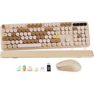Wireless Keyboard and Mouse Combo, Round Keycaps, Full-Size Retro Typewriter Keyboard with Detachable Wrist Rest, Sleep Mode & Tilt Legs, 2.4GHz Cordless Connection for Mac/Windows/PC (Latte)