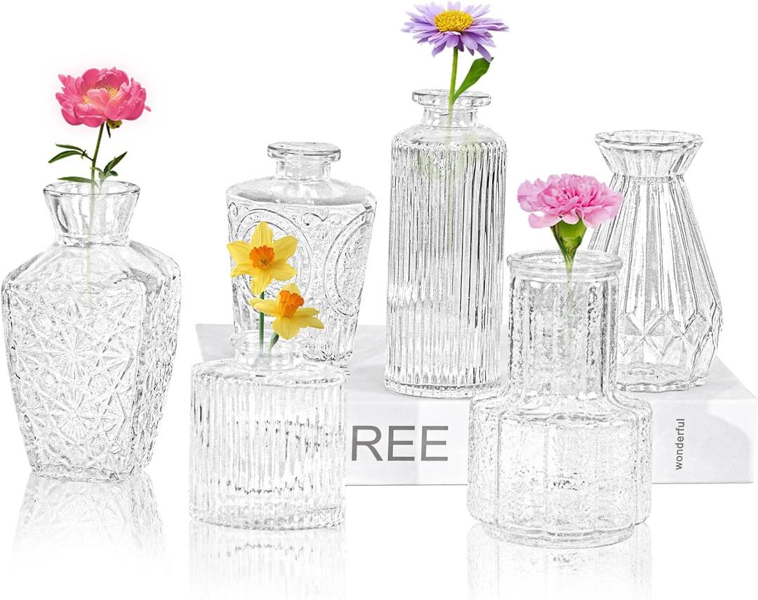 6Pcs Glass Bud Vase Set,Small Flower Vase for Tables Centerpieces Decor, Mini Vintage Clear Vase for Home,Wedding,Party Decorations6 PcsClear