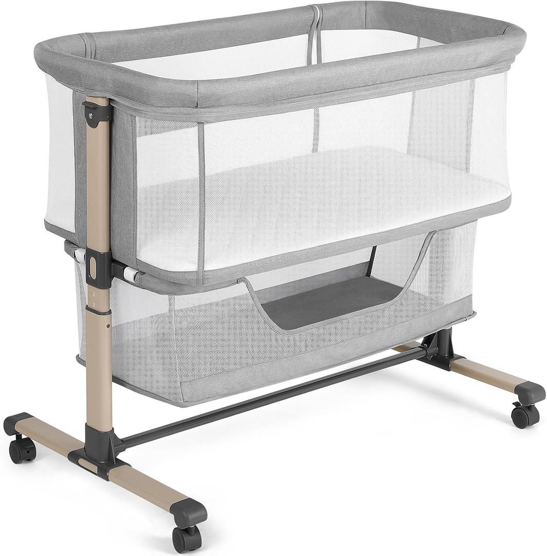 Cowiewie Bassinet Bedside Sleeper, Portable, Breathable, Adjustable Baby Bedside Bassinet for Peaceful Nights, Light Grey, Crib