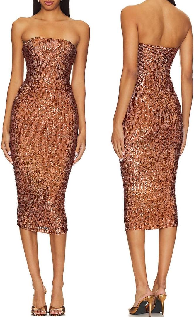 Capuffy Women Strapless Sequin Fantasy Midi Dress Sleeveless Tube Bodycon Club Dress Sparkly Glitter Cocktail Party Dress 77 (Medium, Camel)