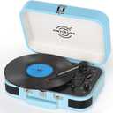 Vinyl Record Player 3 Speed Bluetooth Turntable Belt Drive LP Play Portable Suitcase Record Player Built-in Speaker with EQ Mode USB Recording RCA Output/AUX Input Headphone Jack Blue