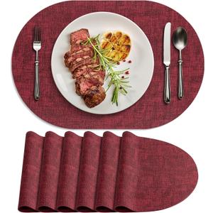 Placemats for Dining Table Set of 6 Non-Slip, Heat Resistant Oval Leather Placemat Double Layer, Waterproof Table Mats Easy to Clean for Kitchen Dining Room Coffee Office Table, Wine Red