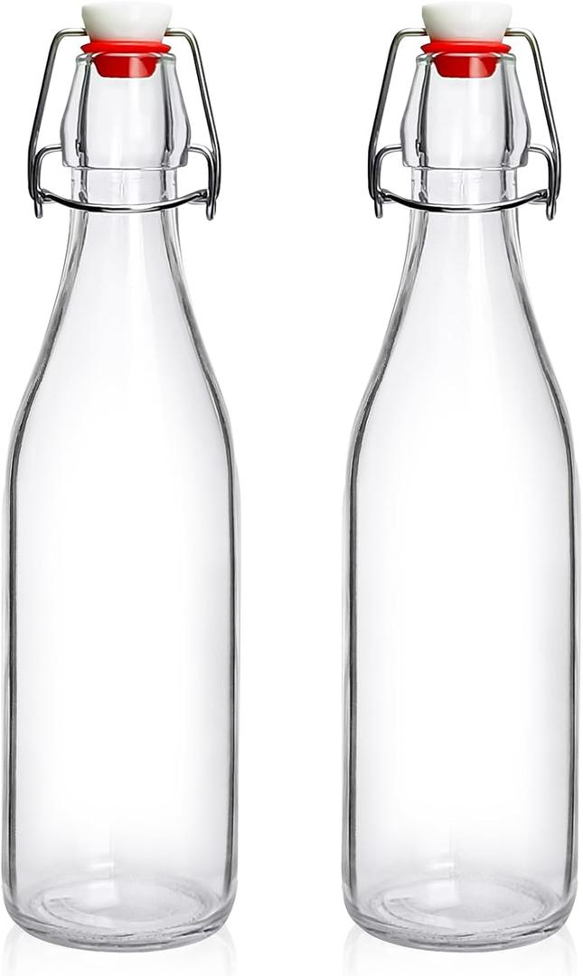 2 Pack Swing Top Glass Bottles 16oz, Flip Top Glass Bottle with Airtight Lid for Fermentation, Kombucha, Mead, Vanilla Extract, Coquito, Vinegar, Beer, Kefir, Soda, Juice, Oil for Home Brewing