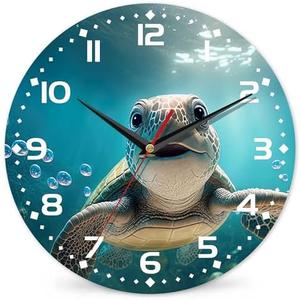 DEMACYA Sea Turtle Wall Clock - Vintage Wooden, Silent Non-Ticking, Battery Operated, Arabic Numerals, Decorative for Kitchen, Office, Classroom - 10 Inch