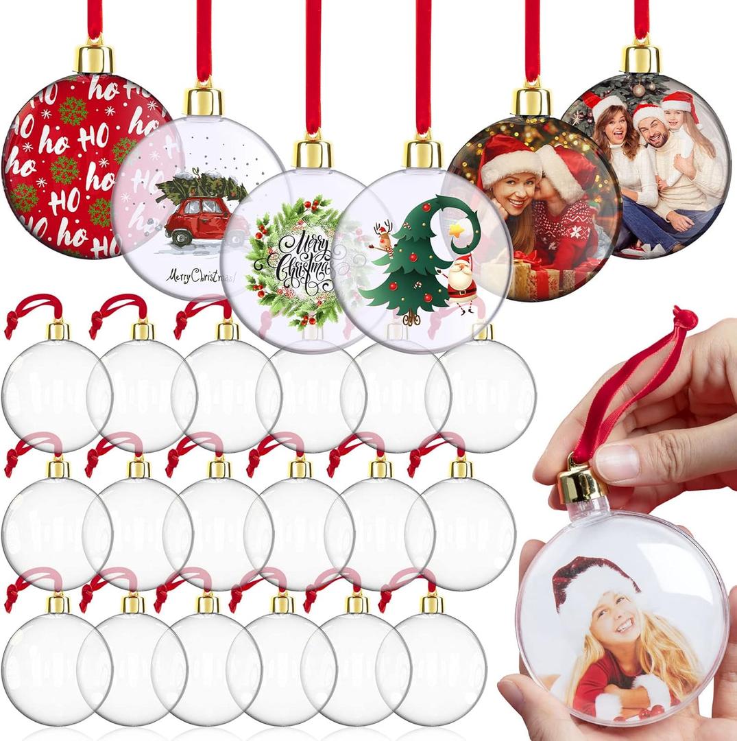 Yulejo 24 Pcs Christmas Photo Ornament Ball Clear Picture Holder Plastic Hanging Christmas Photo Frame Ornaments DIY Personalized Family Picture Baubles for Xmas Tree Decoration