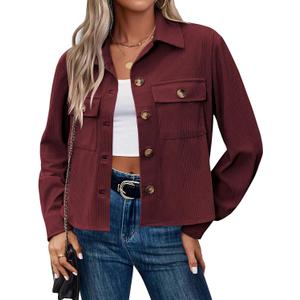 Zeagoo Womens Fashion Cropped Shackets Corduroy Button Down Crop Jackets Tops Long Sleeve Shirts Trendy 2025 (Small, Burgundy)