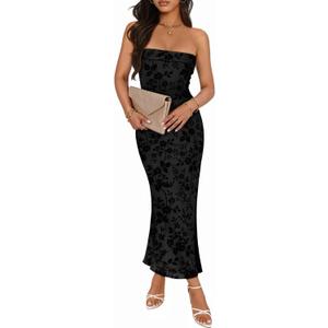 MEROKEETY Women's 2026 Summer Floral Strapless Dress Bodycon Tube Slit Mesh Wedding Guest Cocktail Party Maxi Dresses (Black, S)