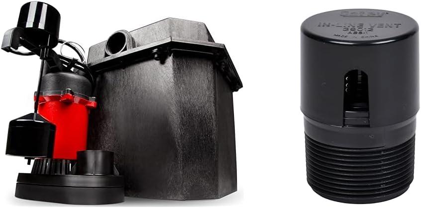 Red Lion 1/3 HP 3200 GPH Sump Pump System with Oatey 1.5 in. NPT ABS In-Line Vent, Black