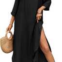 Bsubseach Womens Bathing Suit Cover Up V Neck Long Swimsuit Cover Up Beach Shirt Dress Swimwear with Pockets (XX-Large, Black)