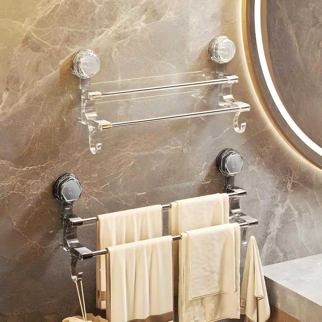 Double Rod Suction Cup Towel Holder  No Drill Strong Suction, Towel Holder for Bathroom Wall with Hooks, Steel Rods & Plastic Base, Perfect for Kitchen and Bathroom Wall Decor and Essentials (Grey)