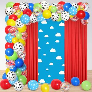 116 Pcs Story Party Decorations Kit Includes 1 Blue Sky White Clouds Backdrop 2 Panels Chiffon Backdrop Curtain 110 Balloons with 3 Roll Accessories for Boys Girls Birthday Baby Shower