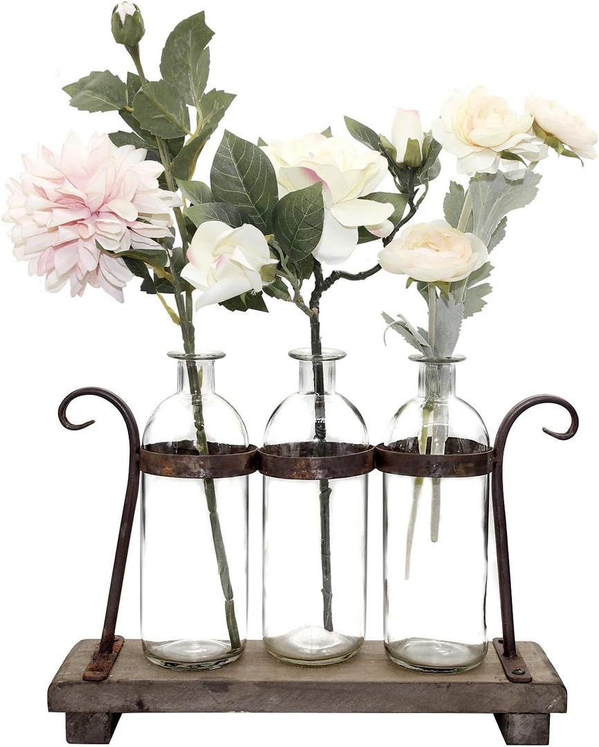 Rustic Flower Vase Set with Rack Stand Farmhouse Glass Bottles for Decor Table centerpieces