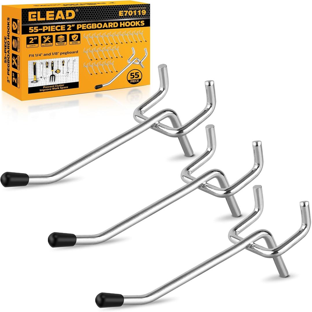 ELEAD 55-Piece 2 Inch Pegboard Hooks, Heavy Duty Peg Board Organizer Accessories, Peg Board Tool Hangers Fit for 1/4" and 1/8" Pegboard Hanging Tools Garage, Workshop, and Craft Storage