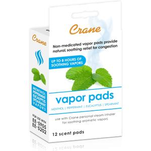 Crane Menthol-Eucalyptus Universal Vapor Pads, 12 Pack, for use Droplets, Corded Inhaler, Warm Mist humidifier (White)