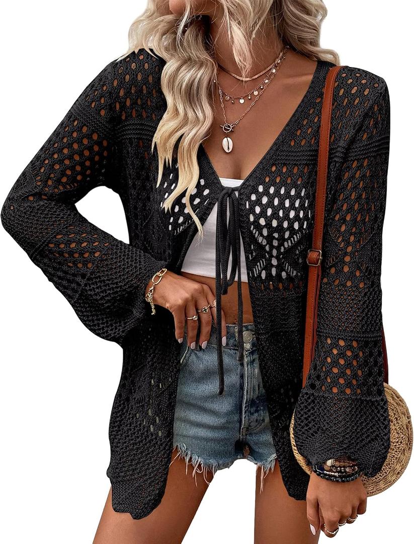 Women Crochet Cardigan Lightweight Tie Front Hollow Out Long Sleeves Summer Knit Cover Cardigans (Black, L)