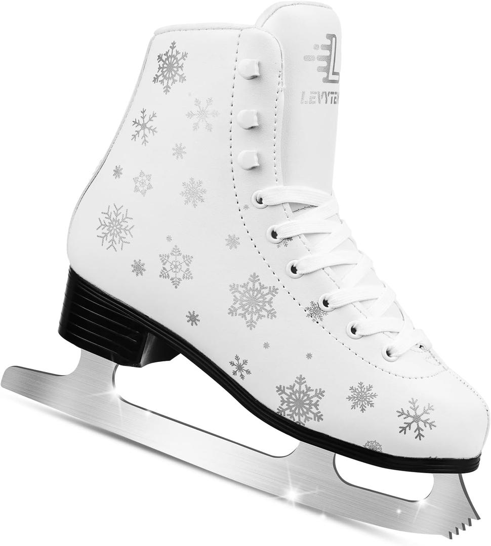 LEVYTEMP Women's/ Girls Figure Ice Skates - Youth White Snowflake Figure Skating Shoes with Two Insoles - Comfortable, Safe Indoor Outdoor Rink Size US 7