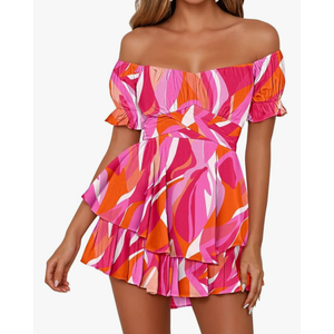 Fixmatti Women Boho Romper Off Shoulder Ruffle Chiffon Shorts Jumpsuit Playsuit (Large) M