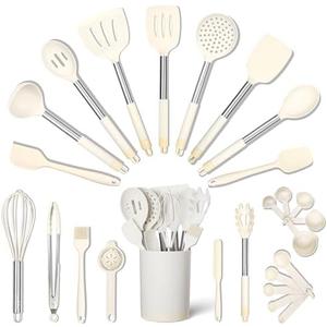 SMIRLY Kitchen Utensils Set, 26PCS Silicone Cooking Utensils Set, Spatula Set with Holder, Stainless Steel Kitchen Gadgets for Home and Kitchen (White)