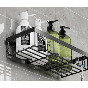 Wbaioluy Shower Caddy, Shower Organizer, 1 Pack Shelf Organizer Rack, Self Adhesive Black Bathroom shelf basket with 4 Hooks, Wall Inside Organization, Apartment Essentials