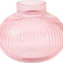 Pink Glass Vase for Flowers, Ribbed Glass Vase, Round Flower Vases for Tulips, Short Vases for Living Room, Office, Coffee Table, Shelf, Wedding, 6 Inches