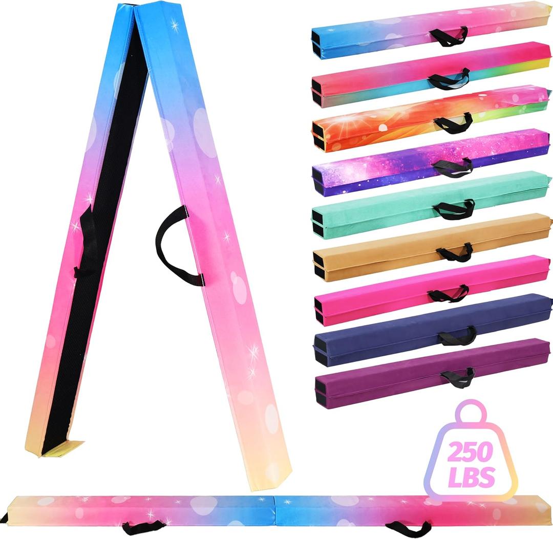 6FT/9FT Folding Balance Beam for Kids ages 3-15- Foldable Gymnastics Floor Beam,Anti-Slip ,Carrying Bag, Faux Suede Covered,EVA foam,Gymnastics Equipment for Kids Training At Home,School,Gym Center (Colorful Rainbow)