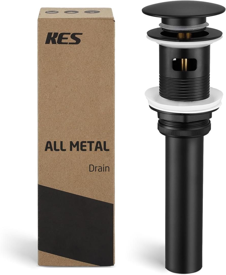 KES Bathroom Sink Drain with Overflow Vessel Sink Stopper Pop Up Drain Assembly Matt Black for 1.6"-1.9" Sink Hole, All Metal Rustproof Brass and 304 Stainless Steel, S2008A-BK