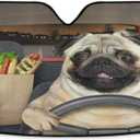 Fun Pug Dog Driving Car Windshield Sun Shade Foldable UV Ray Sun Visor Protector Sunshade to Keep Your Vehicle Cool (55" x 27.6") (multi 14)