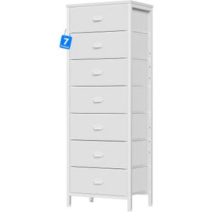 Furnulem White Tall Dresser for Bedroom with 7 Drawers, Vertical Chest of Drawer in Closet, Nightstand Storage Tower Unit Organizer with Fabric Bins for Dorm,Living Room,Entryway,Hallyway