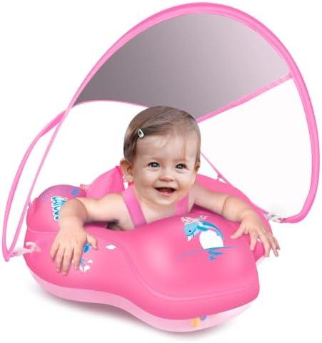 LAYCOL Baby Swimming Float Inflatable Baby Pool Float Ring with Sun Protection Canopy,add Tail no flip Over for Age of 3-36 Months
