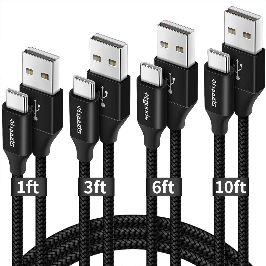 USB C Cable 3A Fast Charging [4-Pack, 1/3/6/10 ft], etguuds Type C Charger Cord Braided Compatible with Samsung Galaxy S21 S20 S10E S10 S9 S8 Plus Note 20 10 9, A10e A20 A30 A50 A70, Moto G7 G8, LG G6