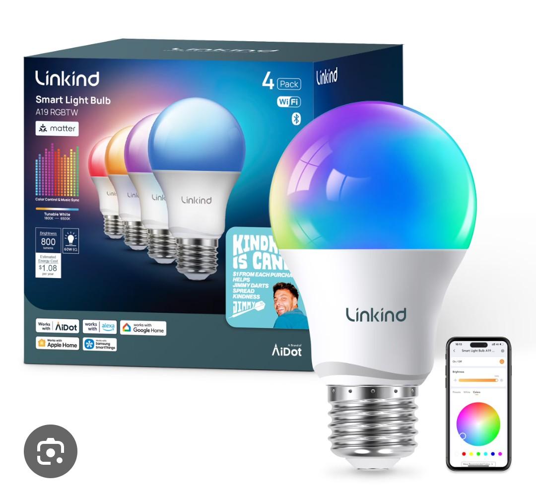 Linkind A19 Matter Smart Light Bulb, Color Changing Smart Bulb, 9W, 800lm, E26 Base, Jimmy Darts Version (4 Pack), 2025 Upgraded