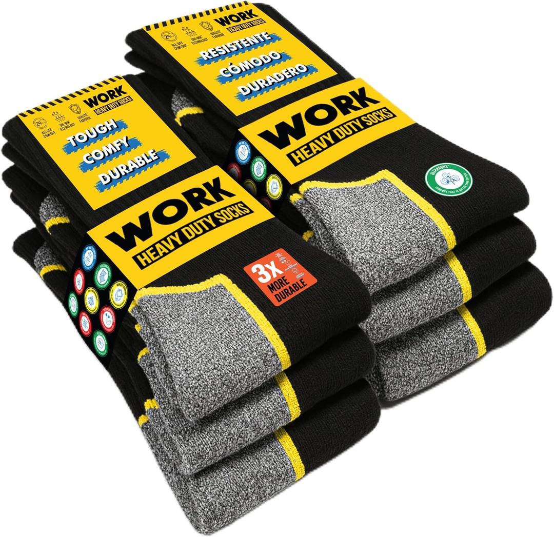SOXCO WORK Socks for Men Crew Length Black Socks 6 Pairs, US 13-15