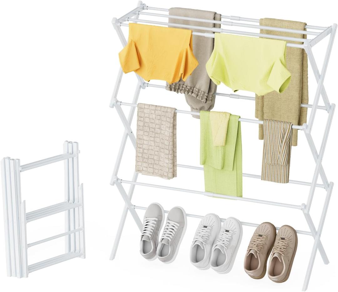 Drying Rack Clothing, 3-Tier Clothes Drying Rack Foldable Use for Indoor & Outdoor Antirust Laundry Drying Rack Collapsible White 28" L x 35" H x 10" W