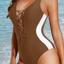 Aqua Eve Womens One Piece Swimsuits Tummy Control- Sexy Slimming Bathing Suit Color Block Lace Up Swimwear 2025 (Brown, M)
