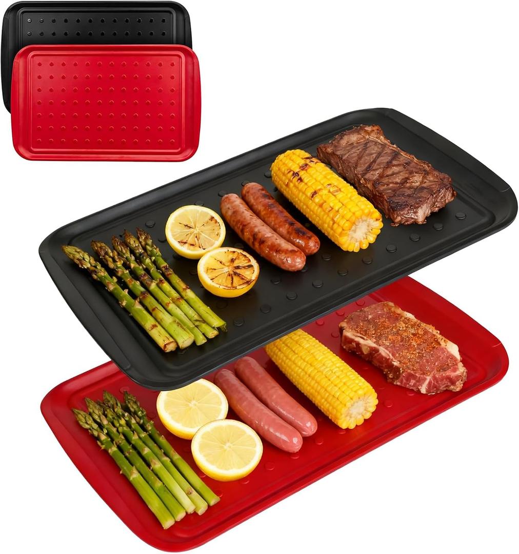 17 Inch Grilling Prep & Serve Trays with Non-Slip Base, Extra Thick,Warp-Resistant BBQ Platter Set for Cooking, Backyard Parties,Camping,Melamine Serving Trays for Food Prep,Red & Black