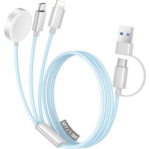 Temdan for Travel Vacation Essentials,3 in 2 USB C Cable for Apple Watch Charger/iPhone 17 Charger/Lightning,Multi Charging Cable Cord,Camping Essentials,Designed for iWatch &iPhone 16-12-5FT Blue